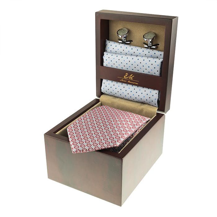 em men's accessories zestaw prezentowy w pudełku krawat poszetka spinki elegancki szary (3).jpg