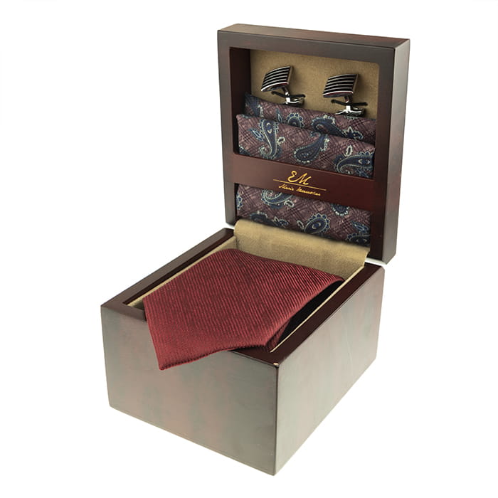 em men's accessories zestaw  prezentowy bordowy krawat poszetka spinki paisley  (1).jpg