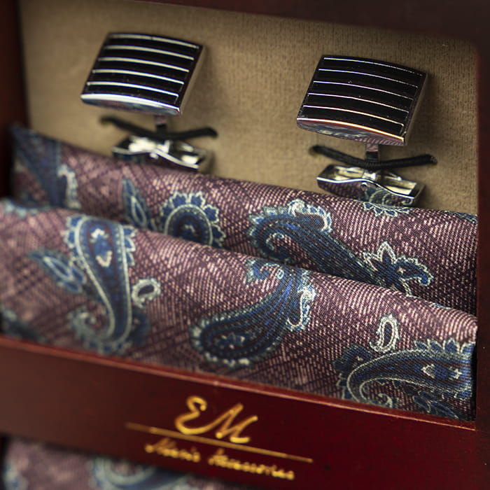 em men's accessories zestaw  prezentowy bordowy krawat poszetka spinki paisley  (2).jpg