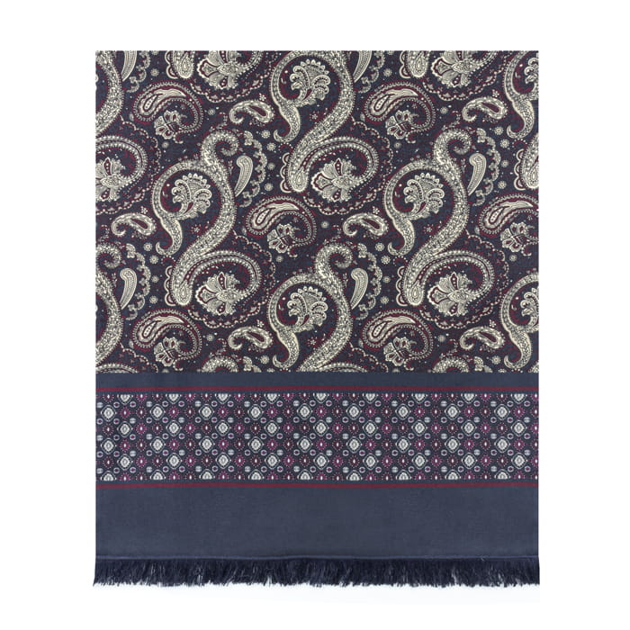 Męski szalik wykonany z jedwabiu i wełny w bordowe paisley w kolorze granatowym EM 8 / wełniany - jedwabny