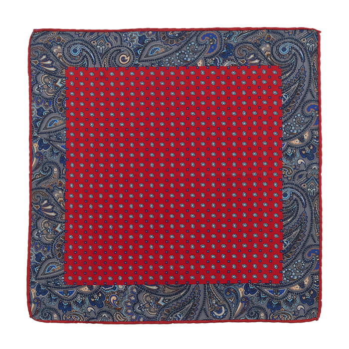EM Men's Accessories poszetka jedwabna czerwona granatowa kropki paisley.jpg