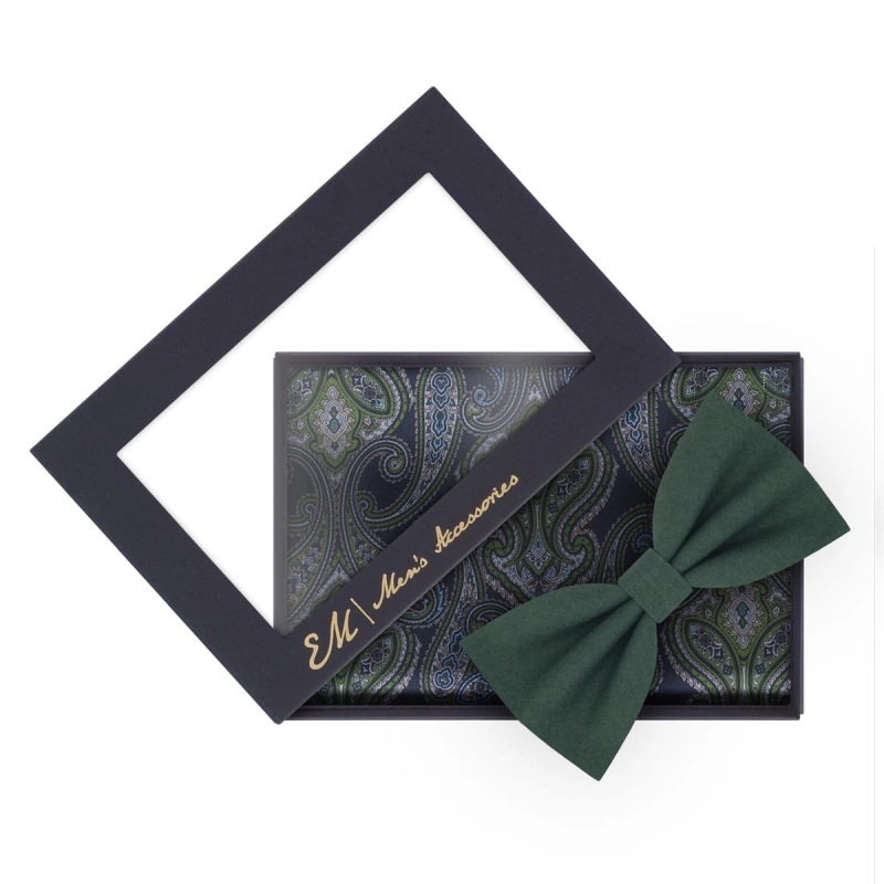 Zestaw dla mężczyzny: zielona gładka mucha + poszetka w paisley - butelkowa zieleń / zapakowane w pudełko