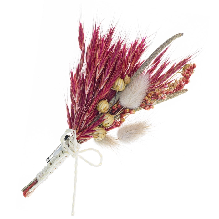 Wpinka / pins do butonierki BOHO fuksjowy - wykonany z suszonych kwiatów / suszków