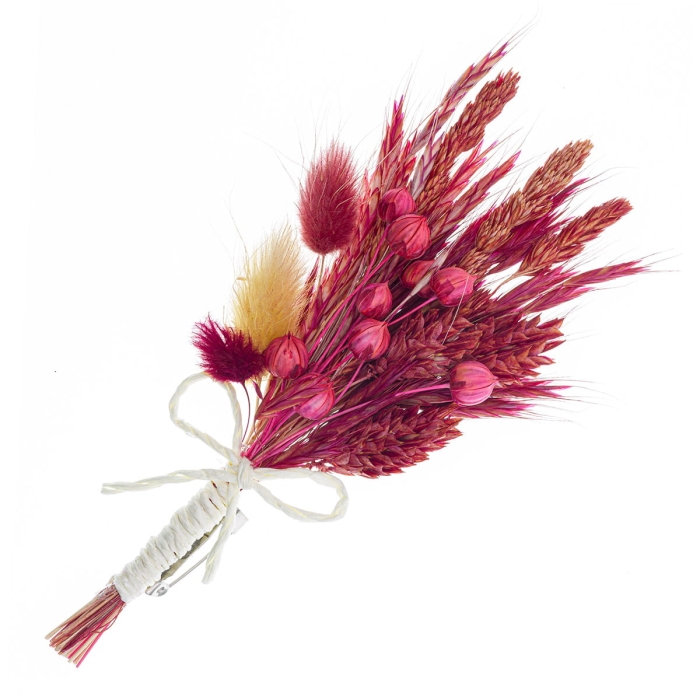 Wpinka / pins do butonierki BOHO fuksjowy - wykonany z suszonych kwiatów / suszków