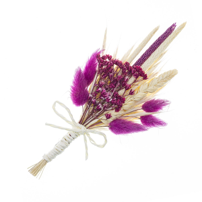 Wpinka / pins do butonierki BOHO fuksjowy - wykonany z suszonych kwiatów / suszków