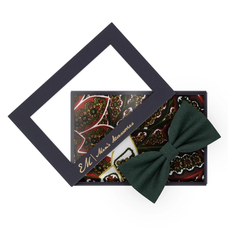 Zestaw dla mężczyzny: butelkowa zieleń gładka mucha + poszetka zielona w paisley zapakowane w pudełko