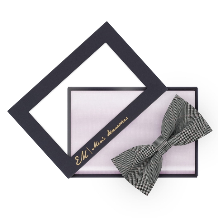 Zestaw dla mężczyzny: szara krata księcia walii mucha + poszetka pudrowy róż gładka zapakowane w pudełko EM