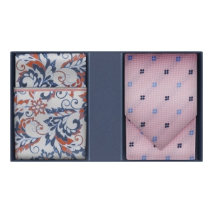 Zestaw prezentowy dla mężczyzny: jedwabny różowy krawat w kwiatki i poszetka jedwabna w paisley