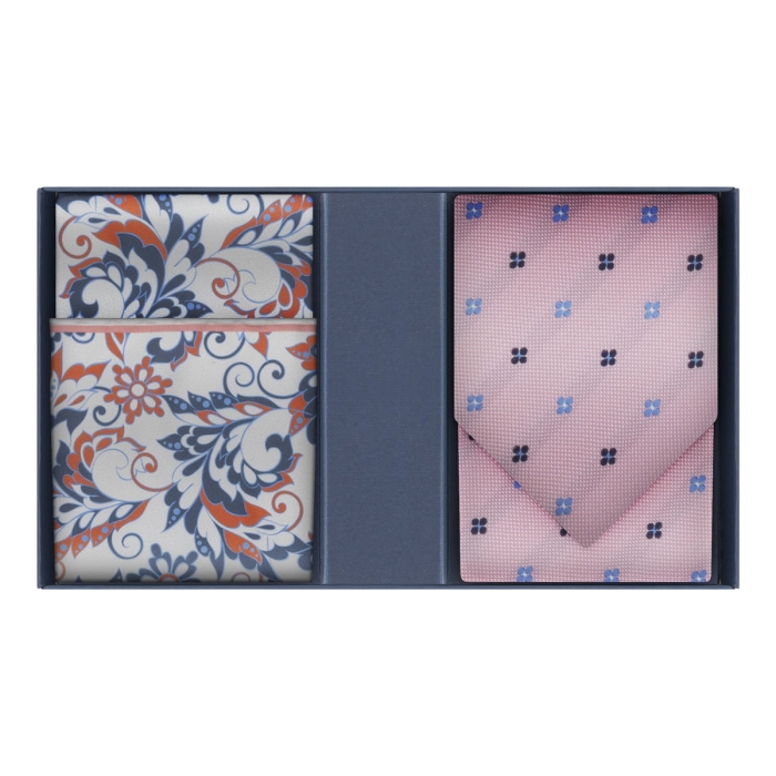 Zestaw prezentowy dla mężczyzny: jedwabny różowy krawat w kwiatki i poszetka jedwabna w paisley