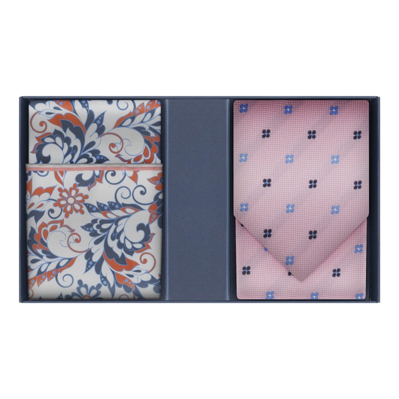 Zestaw prezentowy dla mężczyzny: jedwabny różowy krawat w kwiatki i poszetka jedwabna w paisley