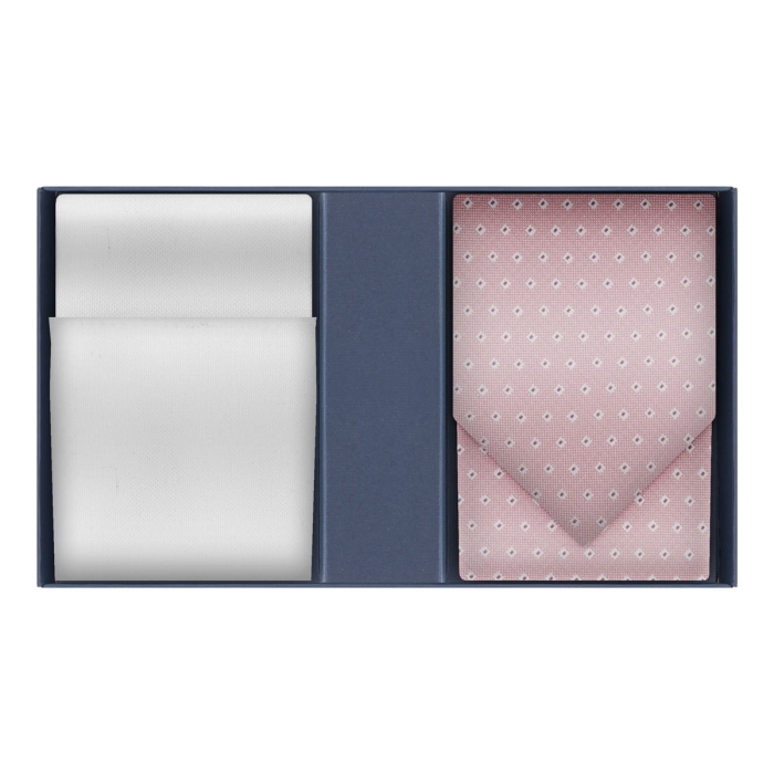 Zestaw prezentowy dla mężczyzny: różowy krawat we wzory i poszetka biała z bawełny