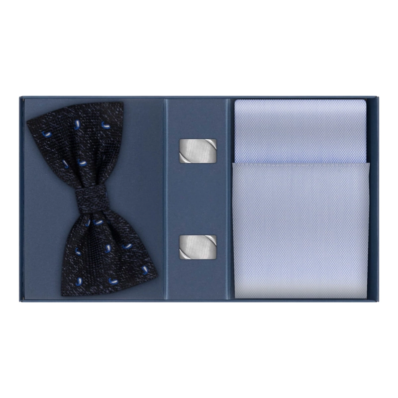 Zestaw klasyczny - Mucha w paisley, niebieska poszetka, srebrne spinki