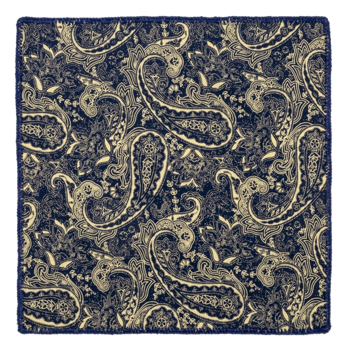 Poszetka bawełniana granatowa w złote paisley obszyta ręcznie granatowym kordonkiem