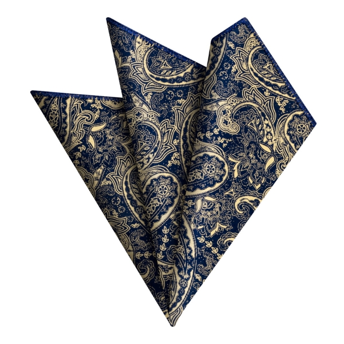 Poszetka bawełniana granatowa w złote paisley obszyta ręcznie granatowym kordonkiem