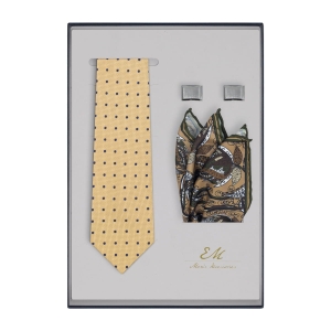 Zestaw prezentowy dla mężczyzny: beżowo-złoty krawat w kropki + poszetka paisley + spinki EM
