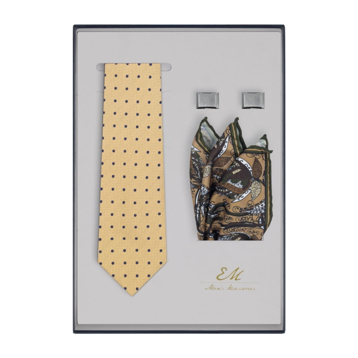 Zestaw prezentowy dla mężczyzny: beżowo-złoty krawat w kropki + poszetka paisley + spinki EM