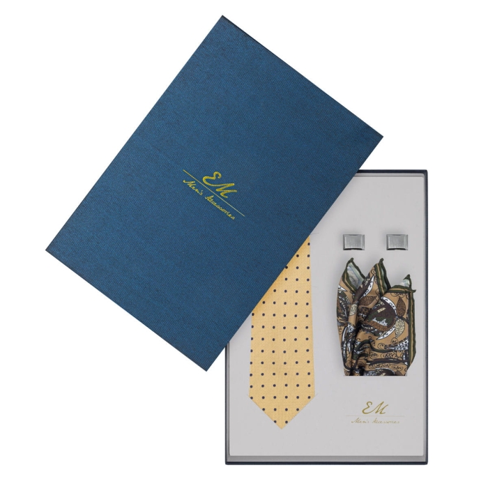 Zestaw prezentowy dla mężczyzny: beżowo-złoty krawat w kropki + poszetka paisley + spinki EM