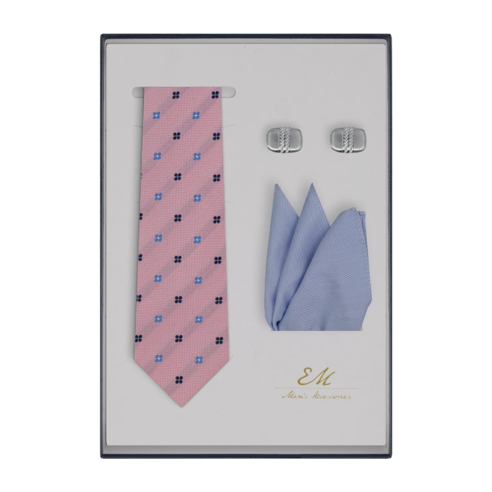 Zestaw prezentowy dla mężczyzny: jedwabny różowy krawat + bawełniana poszetka + spinki