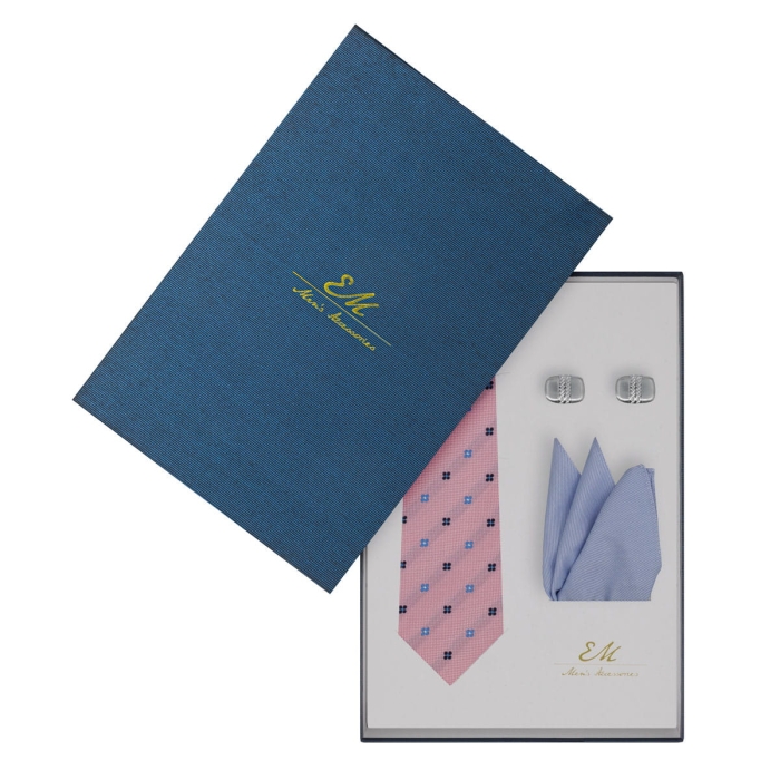 Zestaw prezentowy dla mężczyzny: jedwabny różowy krawat + bawełniana poszetka + spinki