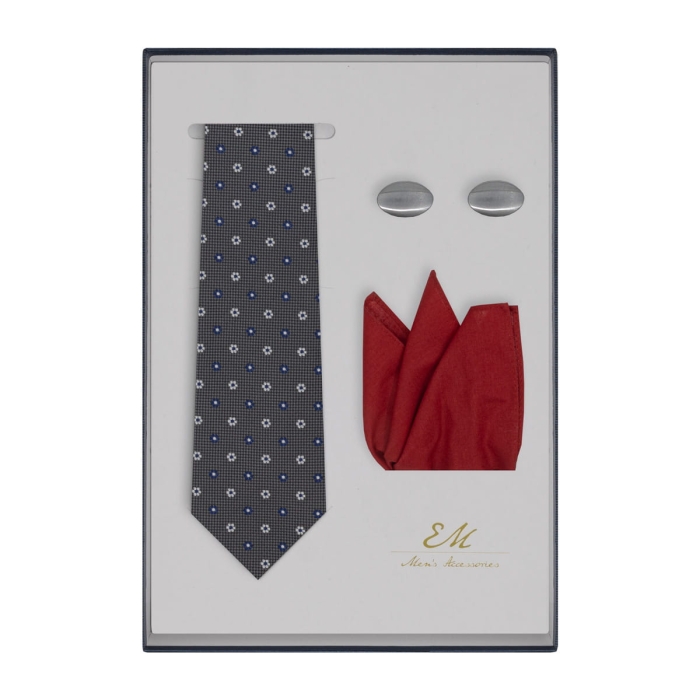 Zestaw prezentowy dla mężczyzny: szary krawat we wzory + bawełniana poszetka + spinki