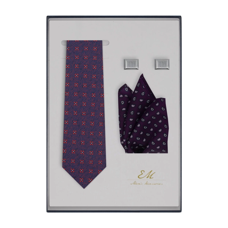 Zestaw prezentowy dla mężczyzny: fioletowy krawat we wzory + fioletowa poszetka + spinki