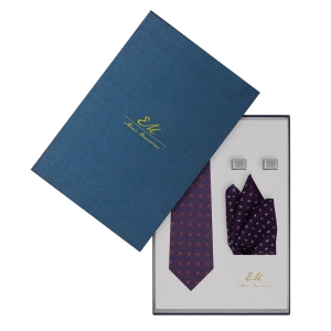 Zestaw prezentowy dla mężczyzny: fioletowy krawat we wzory + fioletowa poszetka + spinki