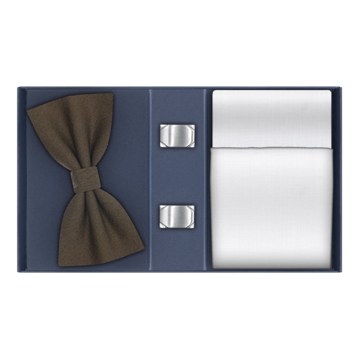 Zestaw prezentowy brązowy klasyczny- Mucha poszetka spinki