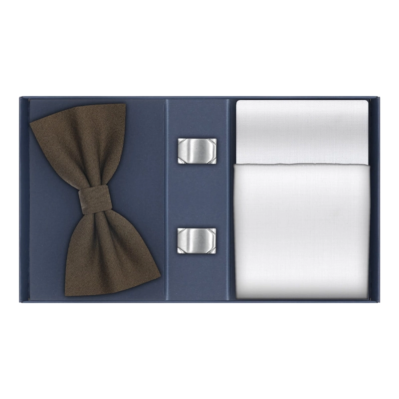 Zestaw prezentowy brązowy klasyczny- Mucha poszetka spinki