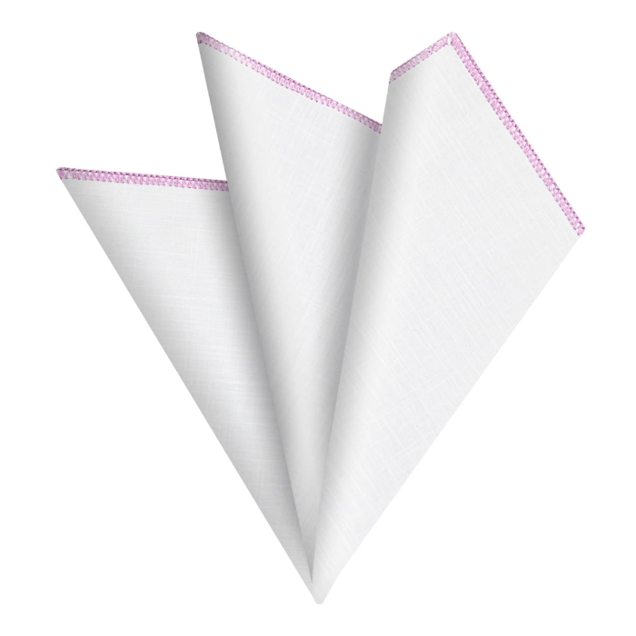 Poszetka lniana biała obszyta ręcznie z fioletową obwódką