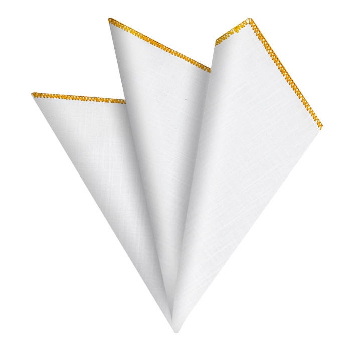 Poszetka lniana biała obszyta ręcznie z musztardową obwódką