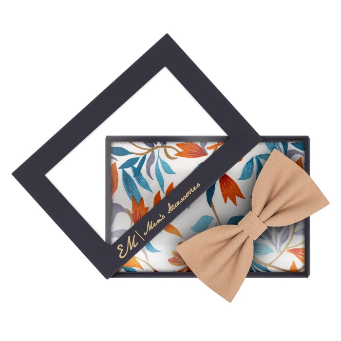 Zestaw dla mężczyzny: beżowa mucha + kolorowa poszetka bawełniana zapakowane w pudełko