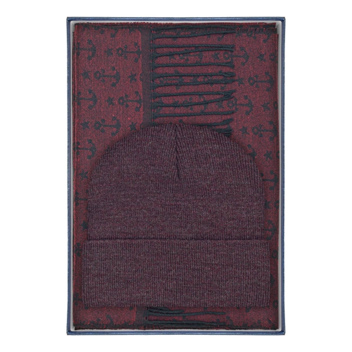 Zestaw prezentowy dla mężczyzny w kolorze bordowym: komplet czapka + szalik zapakowane w pudełko