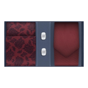 Zestaw prezentowy dla mężczyzny: bordowy krawat gładki. poszetka bawełniana w paisley i spinki do mankietów klasyczne