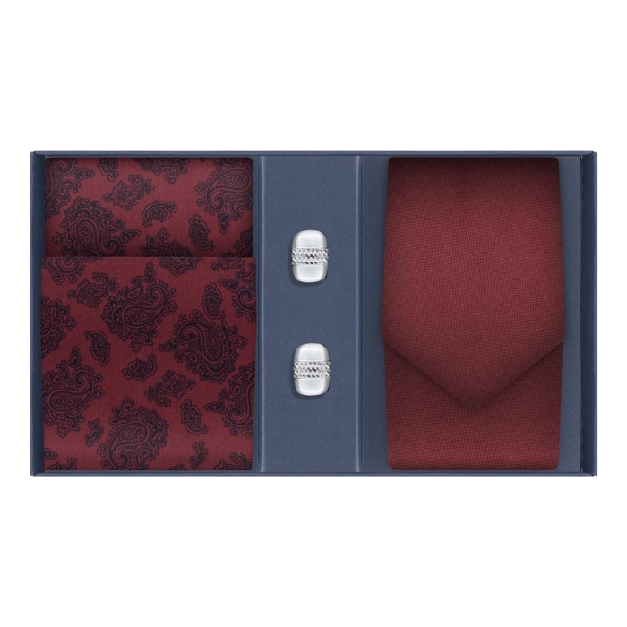 Zestaw prezentowy dla mężczyzny: bordowy krawat gładki. poszetka bawełniana w paisley i spinki do mankietów klasyczne