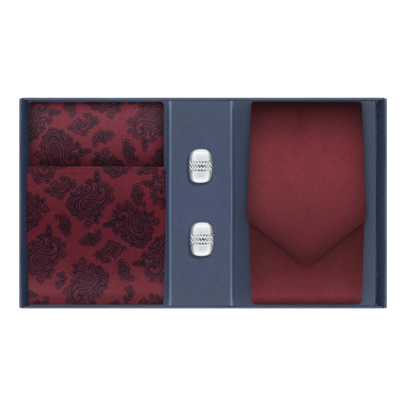 Zestaw prezentowy dla mężczyzny: bordowy krawat gładki. poszetka bawełniana w paisley i spinki do mankietów klasyczne