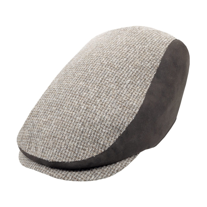 Kaszkiet wełniany beżowy ze skórzanymi brązowymi wstawkami