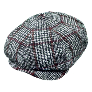 Kaszkiet wełniany w stylu Peaky Blinders - cyklistówka - kolor zielono-bordowy w kratę