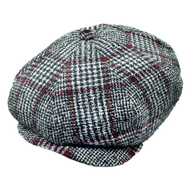 Kaszkiet wełniany w stylu Peaky Blinders - cyklistówka - kolor zielono-bordowy w kratę