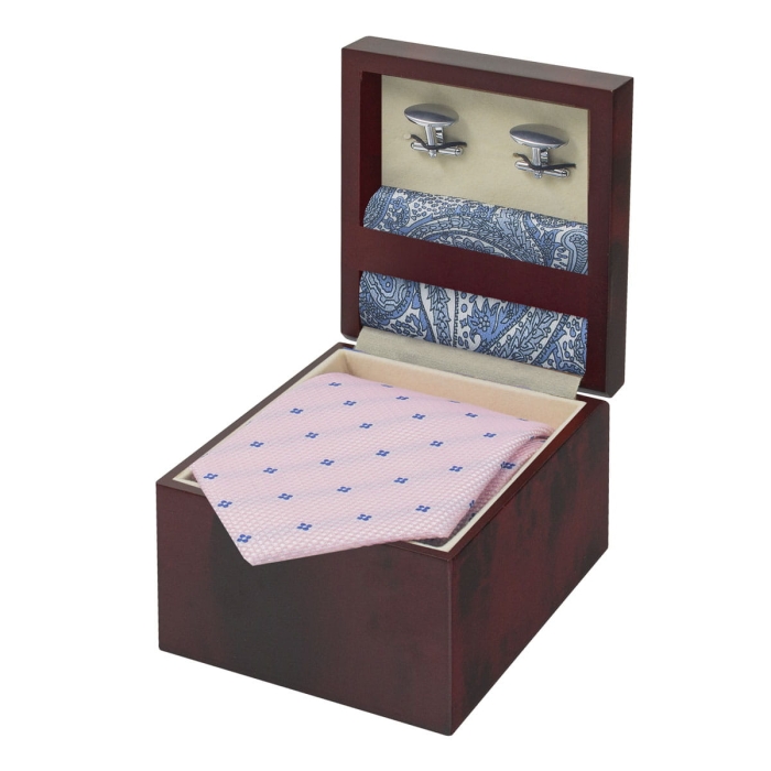 Zestaw Prezentowy dla mężczyzny w kolorze niebieskim i różowym: jedwabny krawat + poszetka jedwabna + spinki zapakowane w pudełko