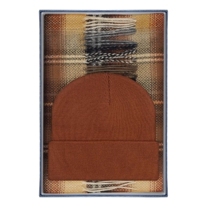 Zestaw prezentowy dla mężczyzny w kolorze musztardowym: komplet czapka + szalik zapakowane w pudełko