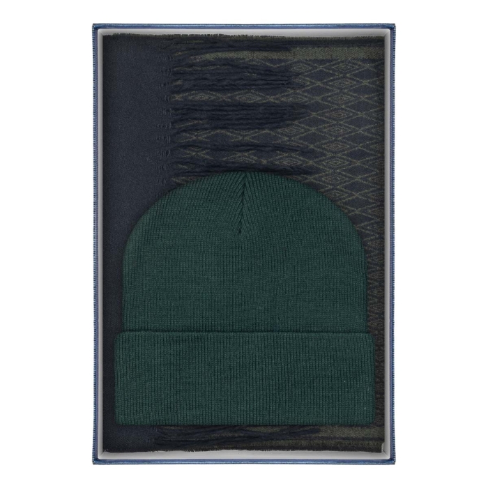 Zestaw prezentowy dla mężczyzny w kolorze zielonym (butelkowa zieleń): komplet czapka + szalik zapakowane w pudełko