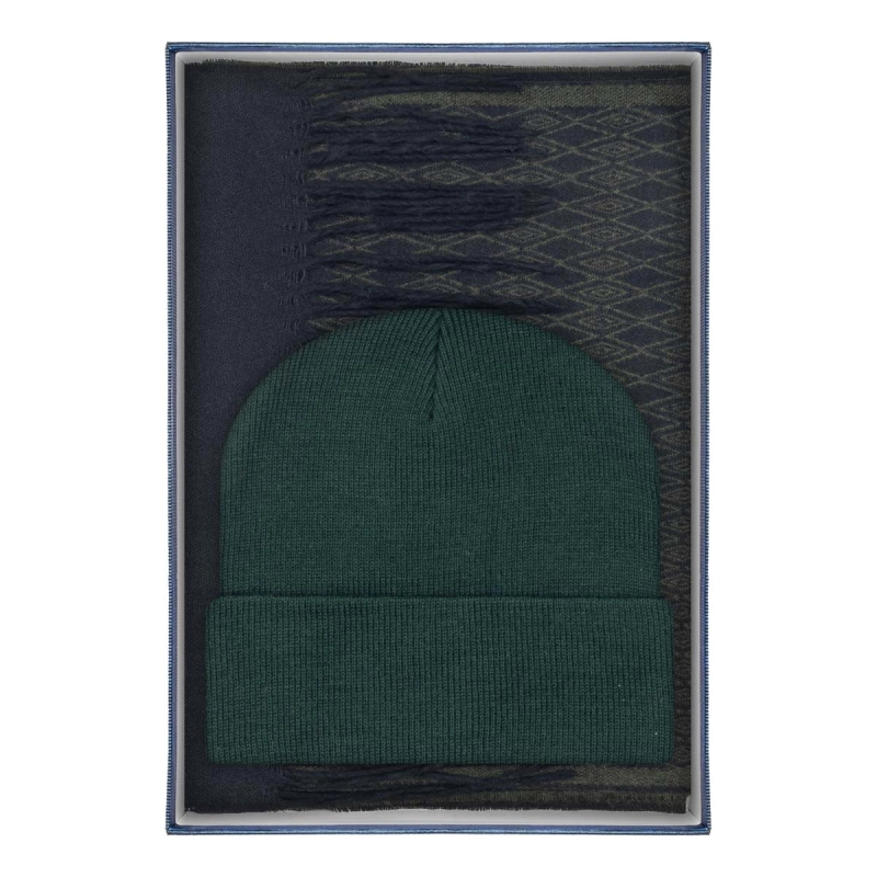 Zestaw prezentowy dla mężczyzny w kolorze zielonym (butelkowa zieleń): komplet czapka + szalik zapakowane w pudełko