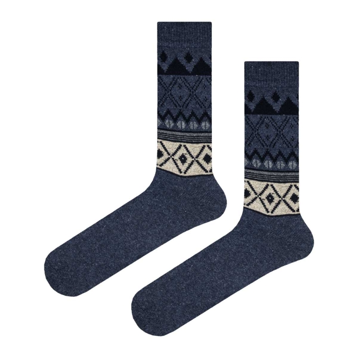 Skarpety wełniane grube granatowe w azteckie wzory