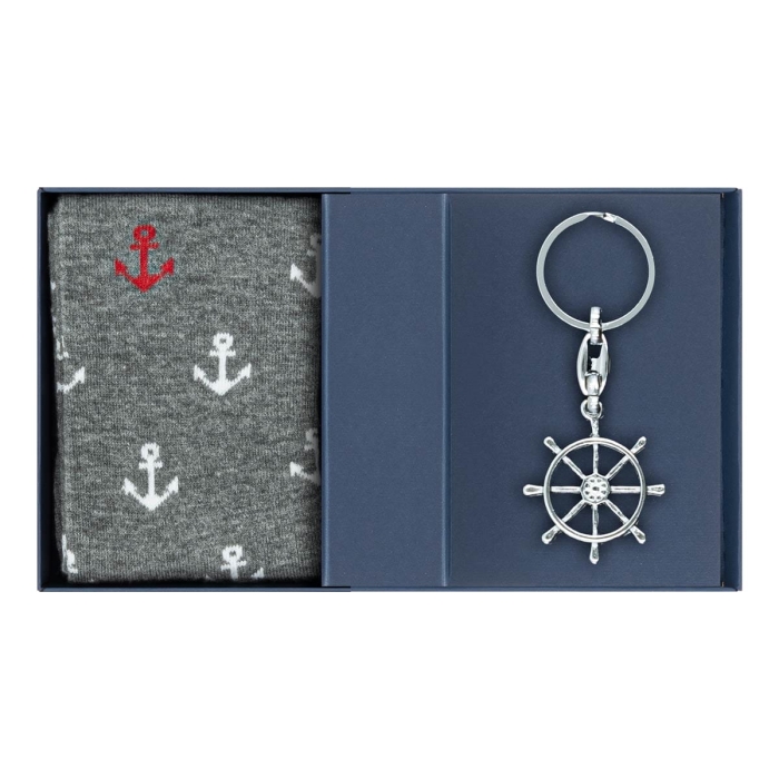 Zestaw prezentowy skarpety i brelok kotwice / koło sternicze