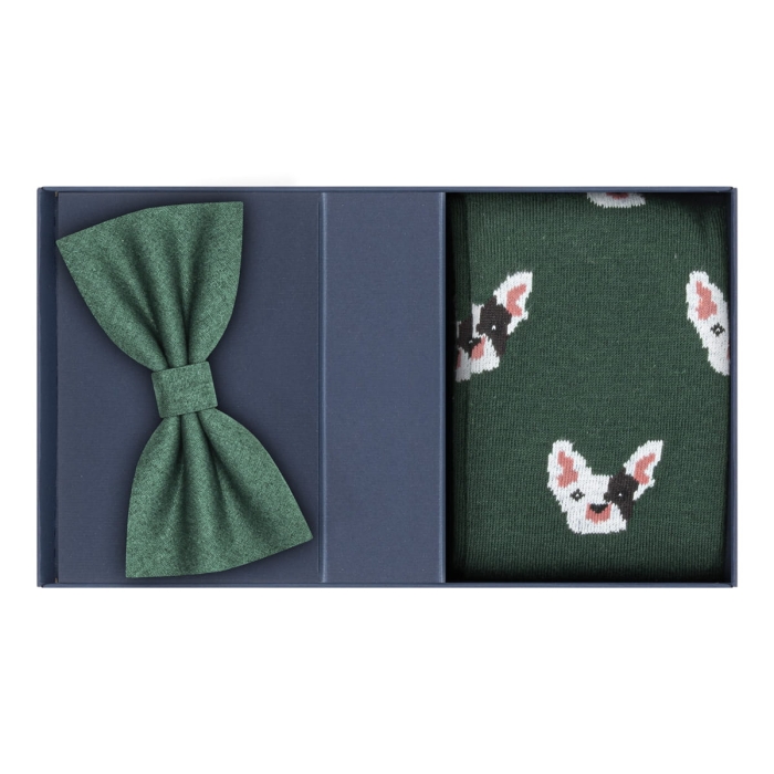 Zestaw prezentowy zielony / butelkowa zieleń: mucha + skarpety w pieski / buldożki