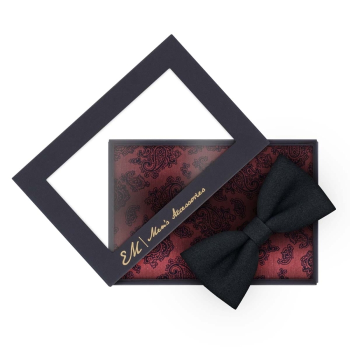 Zestaw dla mężczyzny: czarna mucha + bordowa poszetka bawełniana zapakowane w pudełko