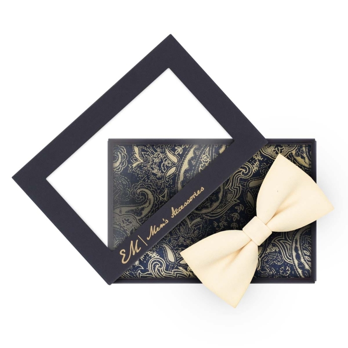 Zestaw dla mężczyzny: kremowa mucha + granatowa poszetka bawełniana zapakowane w pudełko