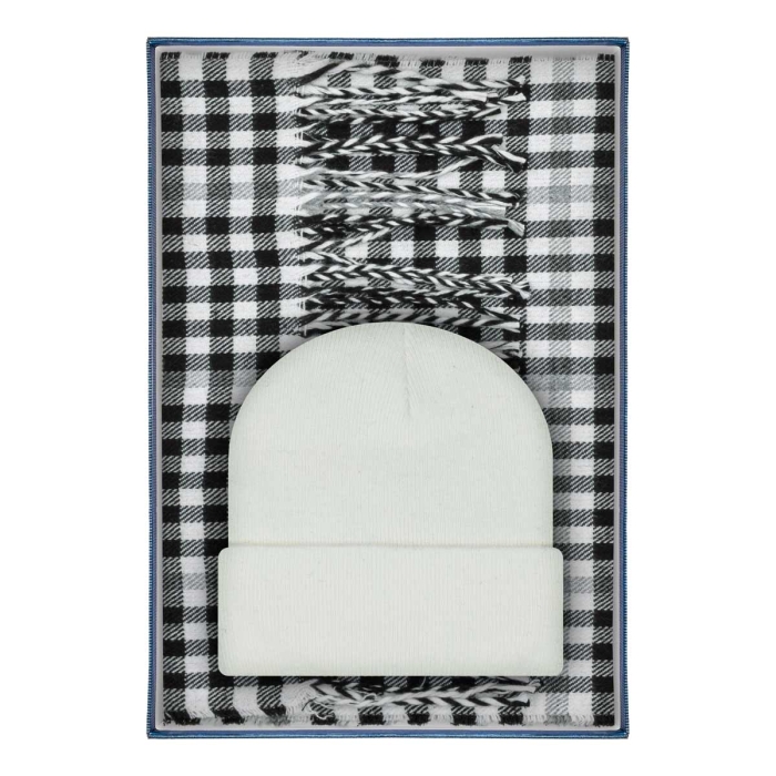 Zestaw prezentowy dla mężczyzny w kolorze szarym: komplet czapka + szalik zapakowane w pudełko