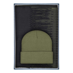 Zestaw prezentowy dla mężczyzny w kolorze zielonym / khaki : komplet czapka + szalik zapakowane w pudełko