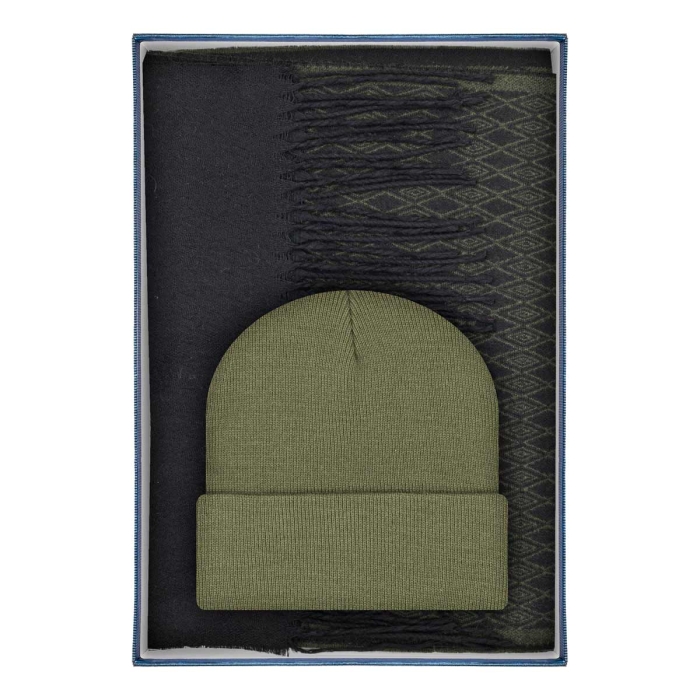 Zestaw prezentowy dla mężczyzny w kolorze zielonym / khaki : komplet czapka + szalik zapakowane w pudełko